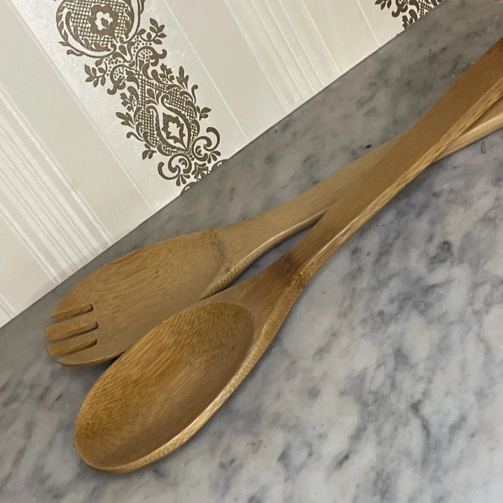 Pair Nice Quality Robust Wooden Spoon and Slotted Spoon Salad Serving Vegetables